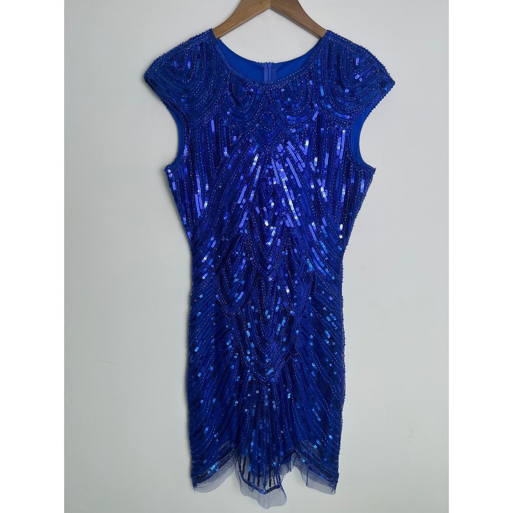 Med Blue Sequin Dress Art Deco Bead Flapper Party Great Gatsby Speak Easy 1920